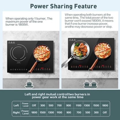 Induction Cooktop with 2 Burners, Horizontal Electric Stove, Built-In Induction Cooker, 1800W Sensor Touch Electric Cooktop, 9 Power Levels, Timer, Safety Lock, 120V, 20 Inch