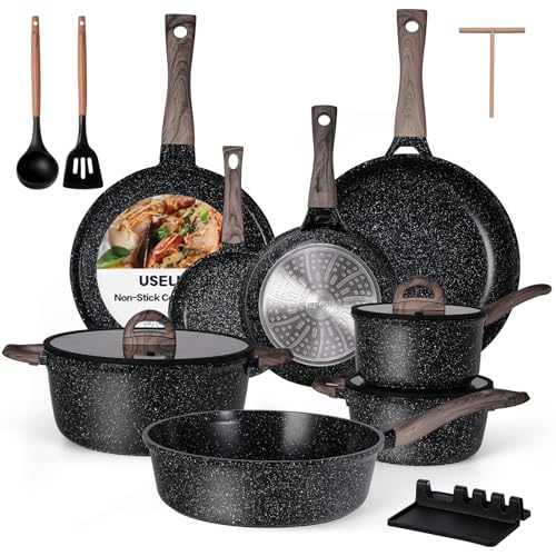 USELUCK Ceramic Cookware Set 22 Piece Nonstick Pots and Pans Set Non Stick Kitchen Cooking Sets 8"Frying Pans with Lid,Black Granite Non-Toxic Induction Kitchen Cookware w/Glass Lids PFOS/PFOA-Free