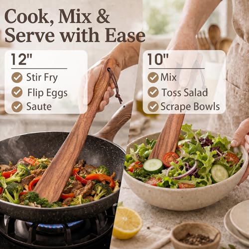 ZenyLumi Wooden Spatula Set of 2, Acacia Wood Cooking Utensils with Thin Angled Edge, Nonstick Safe Wood Turner, Lightweight Kitchen Spatula 10" & 12" for Flipping, Stir Fry, Mixing