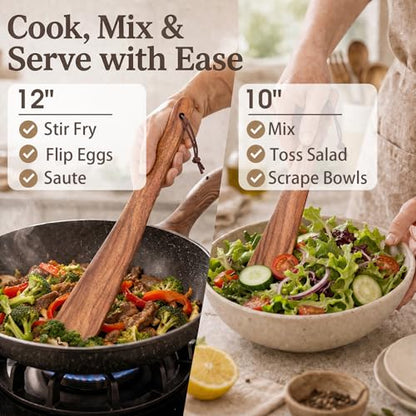 ZenyLumi Wooden Spatula Set of 2, Acacia Wood Cooking Utensils with Thin Angled Edge, Nonstick Safe Wood Turner, Lightweight Kitchen Spatula 10" & 12" for Flipping, Stir Fry, Mixing