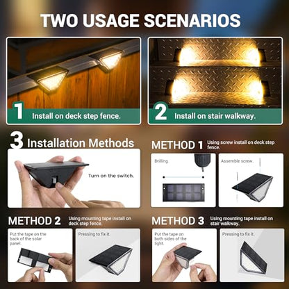 PATIOWIN 6 Pack Solar Step Lights for Outside, 24 LEDs Solar Stair Lights Waterproof IP65, Solar Deck Lights Outdoor Decor for Garden, Porch, Pathway, Patio, Fence, Balcony(Warm White)