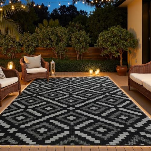 YONILE 8x10 ft Outdoor Rug Waterproof for Patio with LED Light,Large Outdoor Plastic Straw Rug,Reversible Plastic Area Rugs Mat Outside Carpet for RV, Deck, Porch, Picnic, Beach, Balcony