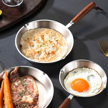 6 Inch Frying Pan, Mini Stainless Steel Nonstick Frying Pan Skillet for Cooking Omelets, Small Cooking Pan with Cooling Wood Handle for Cooktops Cooking Omelets, Eggs, Steaks (Silver S)