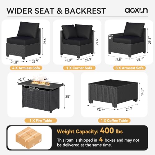 Aoxun 10-Piece Sectional Sofa with 44" Fire Pit, 4" Thicken Cushion, Widen Armrests Wicker for Backyard with Coffee Table, Black
