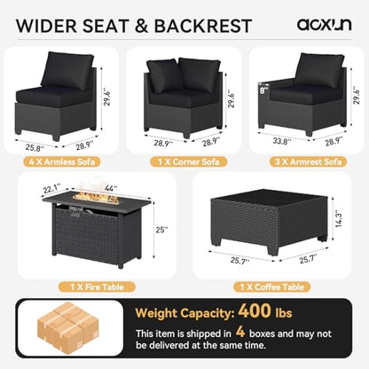 Aoxun 10-Piece Sectional Sofa with 44" Fire Pit, 4" Thicken Cushion, Widen Armrests Wicker for Backyard with Coffee Table, Black