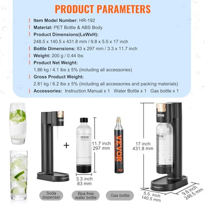 VEVOR Sparkling Water Maker, Soda Maker Machine for Home Carbonating, Seltzer Water Starter Kit with BPA-free 1L PET Bottle, CO2 Cylinder, Compatible with Mainstream Screw-in 60L CO2 Cylinder, black