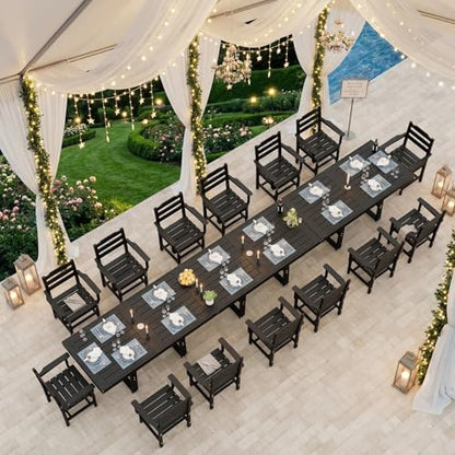 K Knowbody Extra Large Outdoor Dining Set for 14, All-Weather 17-Piece Patio Table and Chairs Set with Umbrella Hole, Steel-Reinforced Durable HDPE Furniture for Backyard,Garden,Lawn,Poolside, Black
