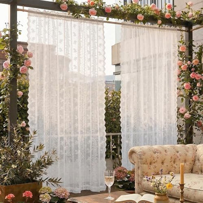 NICETOWN Outdoor Sheer Curtains for Patio Waterproof, White Lace Drapes for Porch Pergola, Gazebo Chic Decor with Lily of the Valley Striped Wave Edge, Rod Pocket Top, 2 Panels, W54 x L84 in