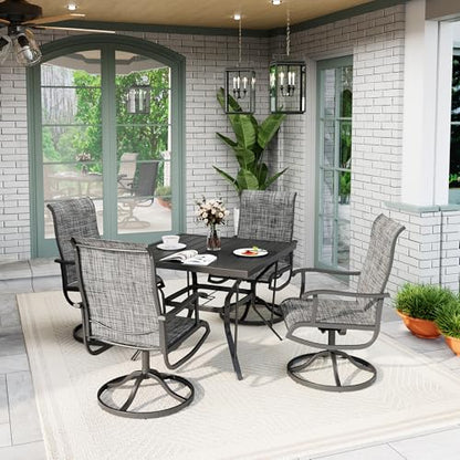 PATIOPIA 5-Piece Outdoor Dining Set, All Weather Patio Table and Chairs Set with Umbrella Hole for 4, Outdoor Table and 4 Textilene Swivel Chairs for Backyard, Poolside, Deck, Grey