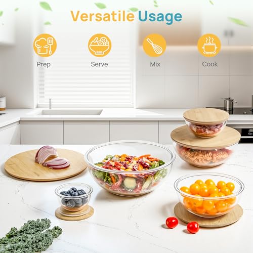Vtopmart 5 Pack Glass Mixing Bowls with Bamboo Lids Set (3.75/2.1/1.1/0.5/0.2 QT), Salad Bowl Set, Nesting Kitchen Bowls for Serving, Prepping, Cooking and Baking, Dishwasher & Microwavable Safe