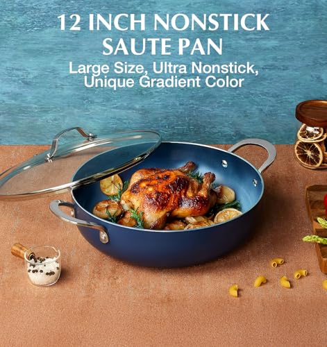 KOCH SYSTEME CS 12-Inch Saute Pan, 5.5-Quart Deep Frying Pan, Toxin-Free Ceramic Nonstick Saute Pan with Lid – Large Scratch-Resistant Deep Fry Pan, Oven Safe, Induction Compatible, Gradient Blue
