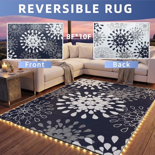 Wallona Outdoor Rugs 8x10 ft Patio Waterproof with Led Strip Lights Indoor Outdoor Carpet for Patio Plastic Straw Reversible Area Rugs Mat for RV, Camping, Beach, Picnic, Porch, Flower Blue & White