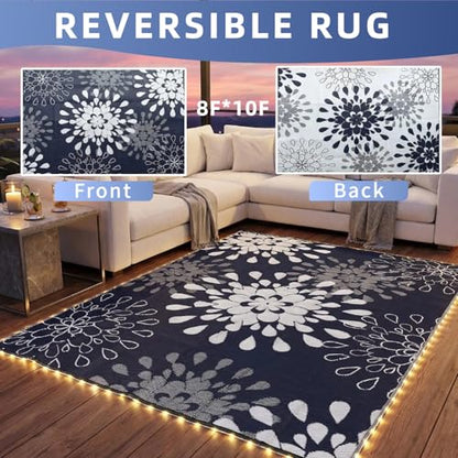 Wallona Outdoor Rugs 8x10 ft Patio Waterproof with Led Strip Lights Indoor Outdoor Carpet for Patio Plastic Straw Reversible Area Rugs Mat for RV, Camping, Beach, Picnic, Porch, Flower Blue & White