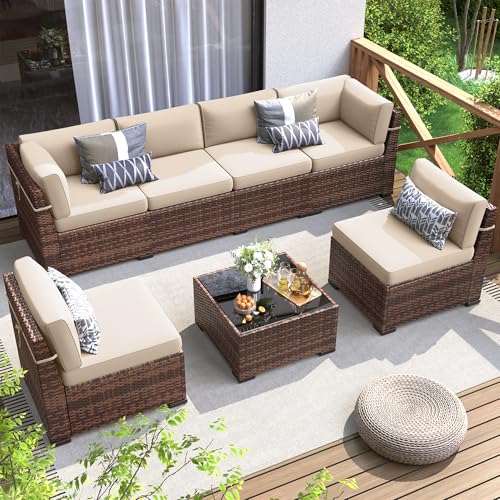 Poteban Patio Furniture Set, 7 Pieces Outdoor Modular Conversation Set Wicker Sectional Sofa for All Weather Rattan Patio Couch for Porch Garden Backyard Balcony Poolside (Khaki)