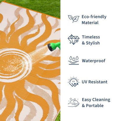 Garvee Outdoor Rug 5x8 Waterproof Patio Rugs with Boho Sun Pattern, Reversible Plastic Straw Camping Rugs Outdoor Indoor RV Mat Carpet for Deck, Backyard, Picnic, Porch, Balcony, Beach, Orange