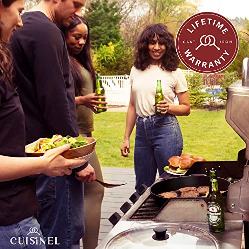 Cuisinel Cast Iron Skillet + Glass Lid + Red Chainmail Scrubber - 15"-Inch Dual Handle Braiser Frying Pan + Silicone Handle Covers - Pre-Seasoned Oven Cookware - Indoor/Outdoor. PFAS and PFOA-free