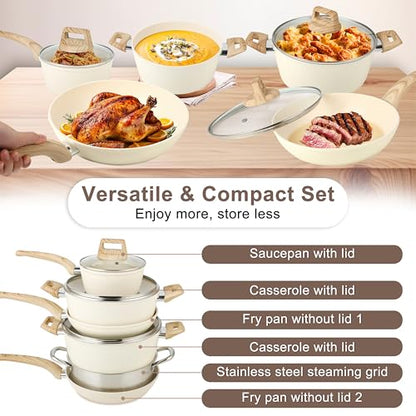 FAB&DELUXE 11Pcs Nonstick Cookware Set, Aluminum Nonstick Pots and Pans with Lids & Wooden Handles, Silicone Spoons & Spatulas, Non-toxic Healthy Kitchen Cooking Sets, PFAS & PFOA Free
