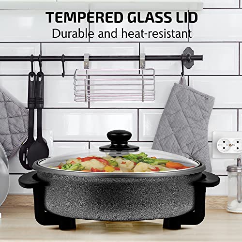 OVENTE 11.5-Inch Electric Skillet & Frying Pan, 1400W Nonstick Cooking Pan with Adjustable Temperature Control, Tempered Glass Lid with Steam Vent, Cool-Touch Handles, Easy-Clean Black SK11112B