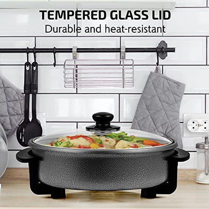 OVENTE 11.5-Inch Electric Skillet & Frying Pan, 1400W Nonstick Cooking Pan with Adjustable Temperature Control, Tempered Glass Lid with Steam Vent, Cool-Touch Handles, Easy-Clean Black SK11112B