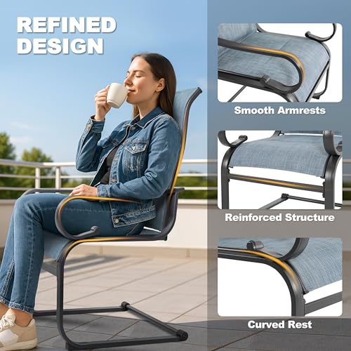 NUU GARDEN Set of 2 Padded Textilene Patio Dining Chairs C Spring Outdoor Chairs with Curved Armrests Powder Coated Metal Frame Patio Furniture for Garden Backyard Poolside Lawn Blue and Black