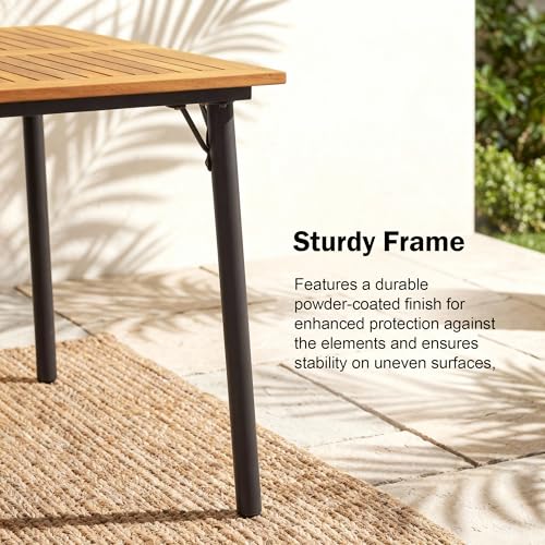 Greesum Acacia Wood Patio Outdoor Dining Table, 63" L x 36" W x 30" H Outdoor Table with Umbrella Hole and Sturdy Metal Legs for Garden, Patio, Backyard