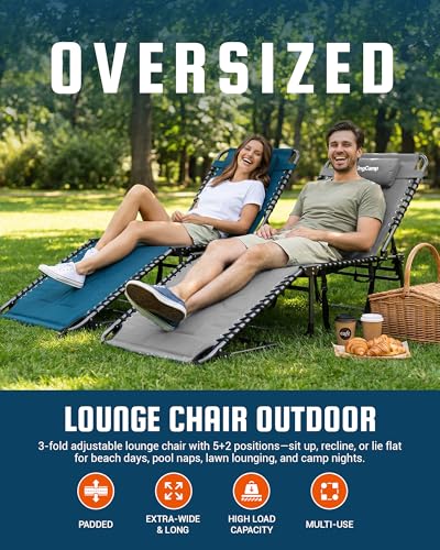 KingCamp Oversized Padded Lounge Chair 440lbs Tanning Chair, Grey