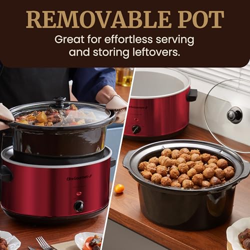 Elite Gourmet MST-900RXT Electric Ceramic XL Jumbo Slow Cooker, Adjustable Temp, Entrees, Sauces, Stews & Dips, Dishwasher Safe Glass Lid & Crock, 8.5Qt, Metallic Red