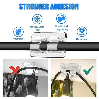 Keviyi Hooks for Outdoor String Lights Clips: 26Pcs Double Hooks for Hanging - Heavy Duty Clear Cable Clips with Waterproof Adhesive Strips - Outside Sticky Hooks Non-Slip No Drill