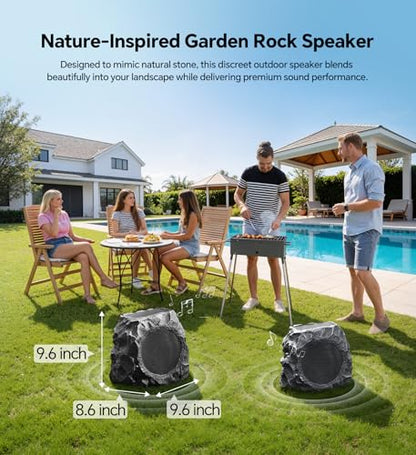 Upgraded Outdoor Rock Speaker 60W Deep Bass Multi-Sync up to 100Pcs, Remote Control, IPX7 Waterproof Solar-Powered Bluetooth Speaker Perfect for Pool, Garden, Patio, Ideal for Music Lovers - 2 Packs