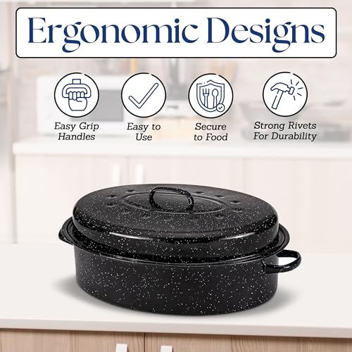 Alpine Cuisine Enamel Oval Roaster | Carbon Steel Oval Roasting Pan 18x14-Inch | Non-Stick Marble Coating with Lid | Oven & Dishwasher Safe | Even Heat Distribution | Ideal for Large & Small Servings