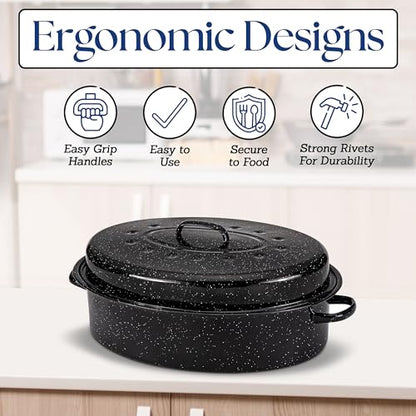 Alpine Cuisine Enamel Oval Roaster | Carbon Steel Oval Roasting Pan 18x14-Inch | Non-Stick Marble Coating with Lid | Oven & Dishwasher Safe | Even Heat Distribution | Ideal for Large & Small Servings