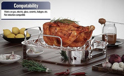 Cooks Standard Stainless Steel Roaster Pan with V-Shaped Rack, Inner 14-Inch x 11-Inch; Edge 15-Inch x 12-Inch; Turkey Roasting Pan Bakeware for Oven, Rectangular
