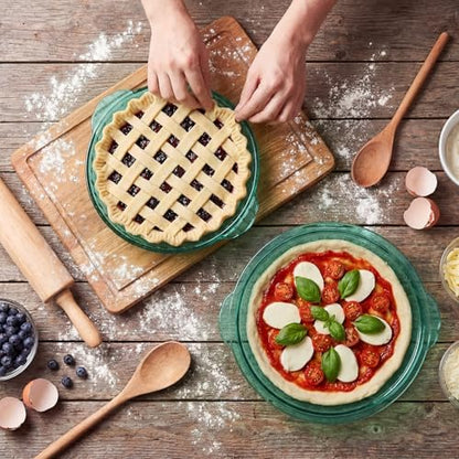 Mifoci 2 Pack Green Glass Pie Dish, 8 Inch Round Deep Plate, Tempered Glass Baking Dish, Non Toxic, Oven and Dishwasher Safe, Ideal for Baking Pies, Quiche and Desserts