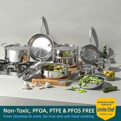 Umite Chef Stainless Steel Cookware Set, 5 Ply 14 Piece Stainless Steel Pot and Pan Set-Induction, Heavy Chef Quality, Oven Safe | Professional Kitchen Cooking Appliances, PFOA, PTFE & PFOS Free