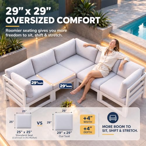 NICESOUL 7 Piece White Powder-Coated Aluminum Patio Furniture with Fire Pit Table, 29 Inch Extra Wide Outdoor Sectional Sofa for 6, High-End Heavy Duty L-Shaped Large Couch for Backyard, Light Gray