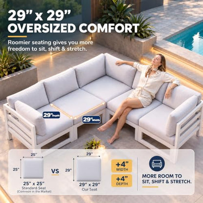 NICESOUL 7 Piece White Powder-Coated Aluminum Patio Furniture with Fire Pit Table, 29 Inch Extra Wide Outdoor Sectional Sofa for 6, High-End Heavy Duty L-Shaped Large Couch for Backyard, Light Gray