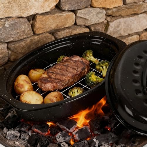bajindan 16 Inch Enamel Roasting Pan with Lid & Rack, Oven & Dishwasher Safe Turkey Roaster, 932°F Heat Resistant, Includes Silicone Handles & Cleaning Sponges