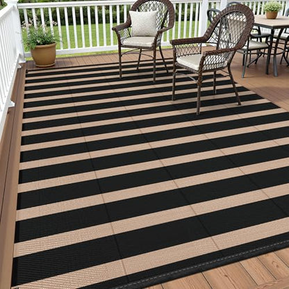 Vaukki Waterproof Outdoor Rug 5x8, Reversible Striped Patio Rug, Lightweight Plastic Straw Camping Mat, Indoor Outdoor RV Carpet for Outsides, Patio, Camping, Balcony, RV and Deck, Black and Beige