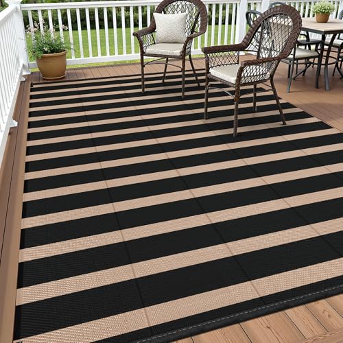 Vaukki Waterproof Outdoor Rug 5x8, Reversible Striped Patio Rug, Lightweight Plastic Straw Camping Mat, Indoor Outdoor RV Carpet for Outsides, Patio, Camping, Balcony, RV and Deck, Black and Beige