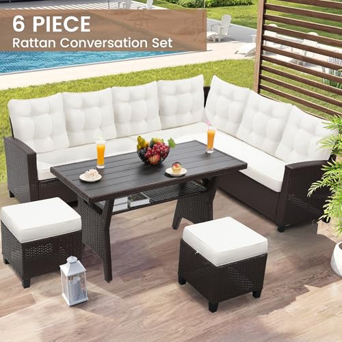 KROFEM KROFEM6-Piece Patio Furniture Set, Outdoor Sectional Sofa with Dining Table & Chairs, All-Weather Dining Set with Removable Cushion Covers, Ideal for Garden, Porch, Backyard, White