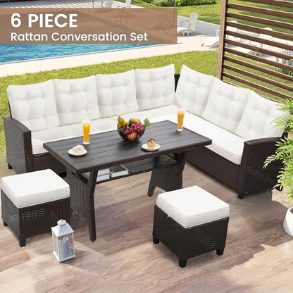 KROFEM KROFEM6-Piece Patio Furniture Set, Outdoor Sectional Sofa with Dining Table & Chairs, All-Weather Dining Set with Removable Cushion Covers, Ideal for Garden, Porch, Backyard, White