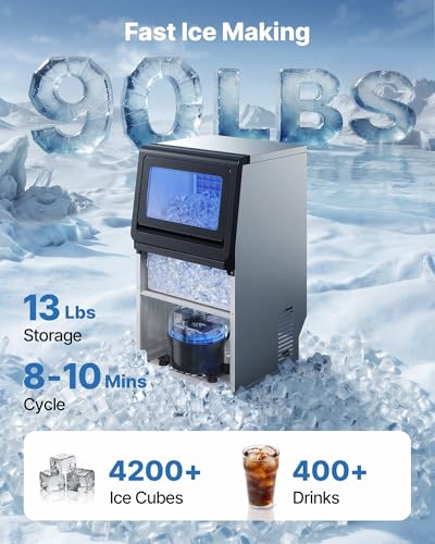 VEVOR Commercial Ice Maker Machine, 90 lbs/24h with 13 lbs Storage Capacity, Dual Water Inlet Countertop/Freestanding/Under Counter, Stainless Steel Ice Maker with LED Display, for Home Bar