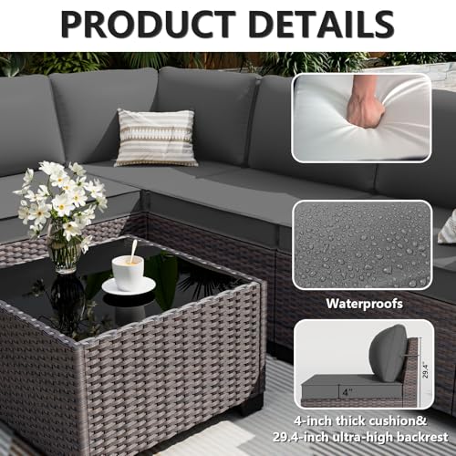 ALAULM 10 Pieces Outdoor Patio Furniture Set with 2 Swivel Chairs Outdoor Furniture Patio Sectional Sofas with 55000 Gas Fire Pit Patio Conversation Set w/7 Cushions-Grey