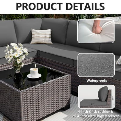 ALAULM 6 Pieces Patio Furniture Set, Oversized Seat/Armrest Sofas and High Back Wicker Sectional Furniture Set with Thick Cushion for Backyard, Garden, Grey