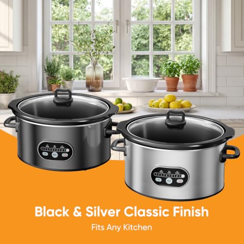 NEWBULIG Slow Cooker 8 Quart, Large Slow Cooker, Ceramic Nonstick Coating, 3 Adjustable Temp Multi Cookers with Dishwasher Safe Stoneware Pot & Tempered Glass Lid, 35in Tangle Free Cord Wrap, Silver