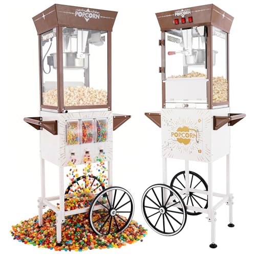 12oz Popcorn Machine Cart with Candy Dispenser, Brown Antique White