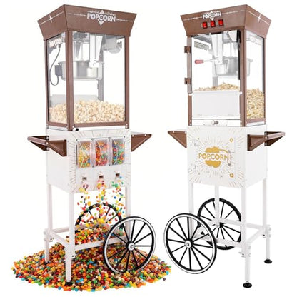 12oz Popcorn Machine Cart with Candy Dispenser, Brown Antique White