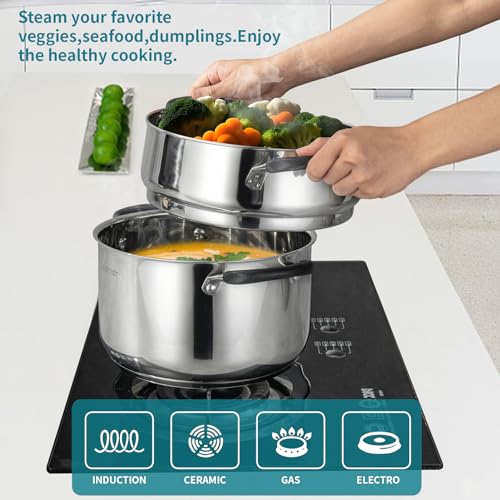 SLOTTET 6 Quart Stainless Steel Stock Pot with Steamer,6 Qt Multipurpose Stockpot with Stay-cool silicone Handle and Glass Lid,Soup Pot for Cooking