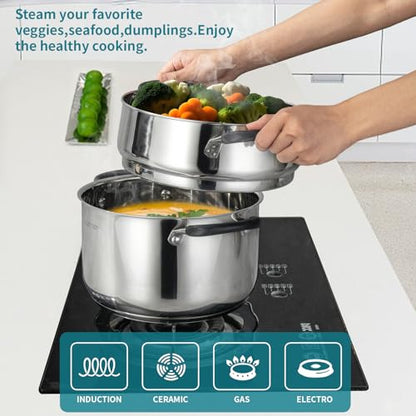 SLOTTET 6 Quart Stainless Steel Stock Pot with Steamer,6 Qt Multipurpose Stockpot with Stay-cool silicone Handle and Glass Lid,Soup Pot for Cooking