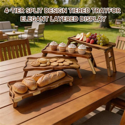 BOY MCOWBOY Acacia Wood 4 Tiered Serving Tray for Party, 16.7" x 7.7" Cupcake Stand Foldable Dessert Table Display Set Charcuterie Boards for Birthday Wedding Veggie Fruit